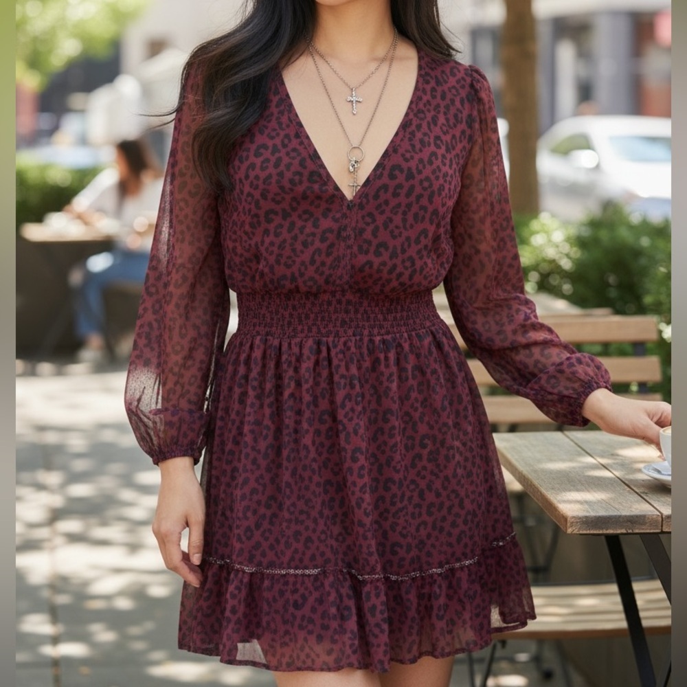 Madison + Hudson Maroon and Black Leopard Print Dress | Size L